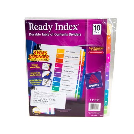 SEPARADOR 10 Pestañas COLORES READY INDEX AVERY