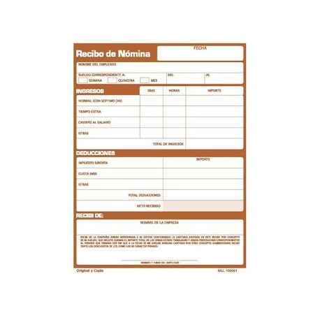 Recibo de Nomina 1/4 carta con autocopiante 4 blocks de 25