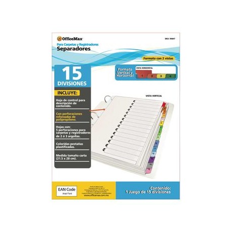 Separador 15 divisiones en colores Officemax con refuerzo