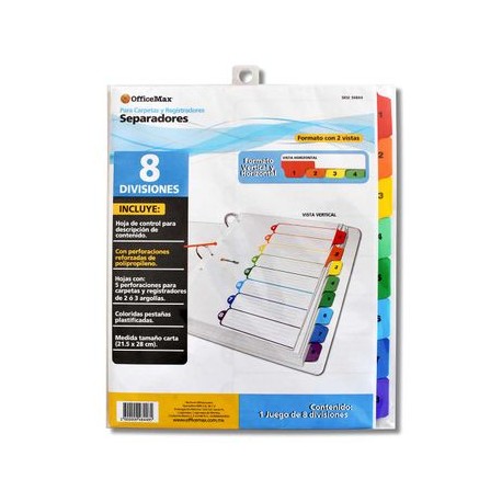 Separador 8 divisiones en colores Officemax con refuerzo