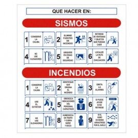 Señalización "Que hacer en caso sismo o incendio" 40 X34