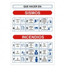 Señalización "Que hacer en caso sismo o incendio" 23X33