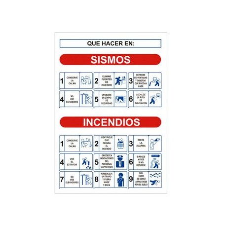 Señalización "Que hacer en caso sismo o incendio" 23X33
