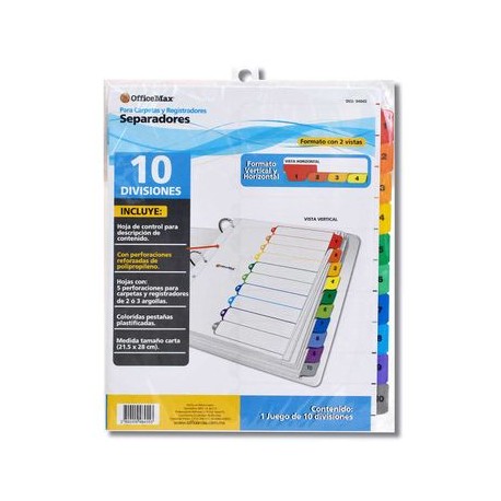 Separador 10 divisiones en colores Officemax con refuerzo