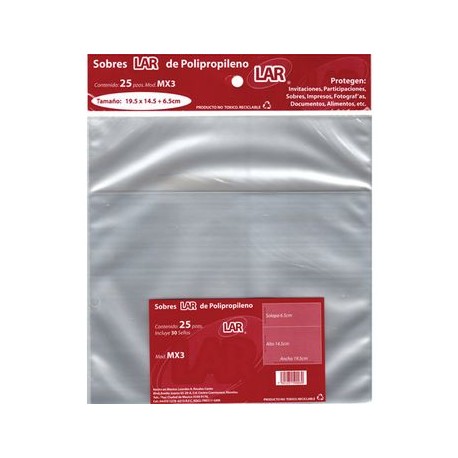 Sobre Transparente Celofan 19,5X15 5 Pqte 25 piezas LAR